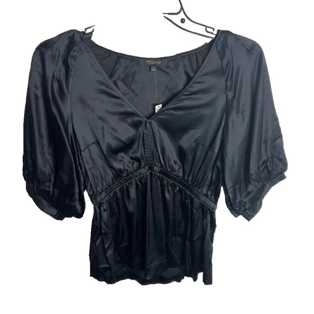 Madewell Womens $85 Shirred Puff-Sleeve Top in Satin Black Size XS NT234